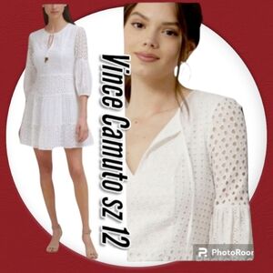 Vince Camuto Woman's Dress White V-Neck 3/4 Sleeve Eyelet Lace A-Line Dress